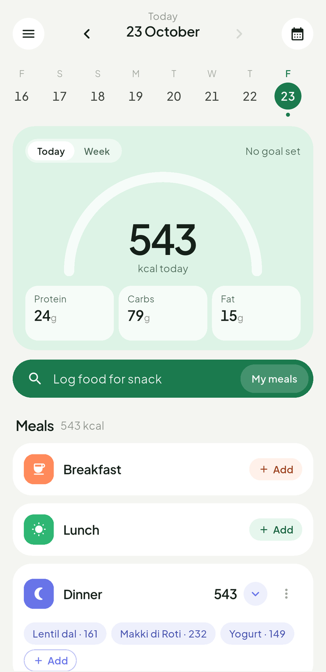 Katori's Today screen: calories on a gauge, protein, carbs and fat, and meal cards with the foods logged